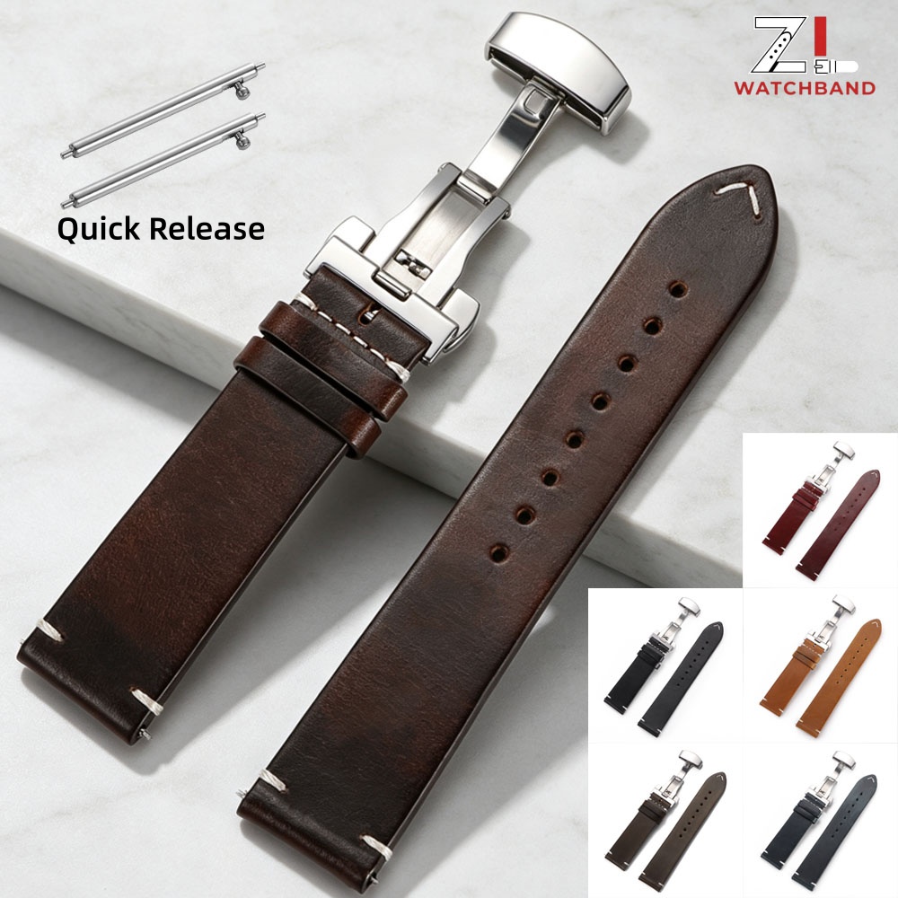 Leather Strap Quick Release - Butterfly Buckle Vintage Soft Oil Wax